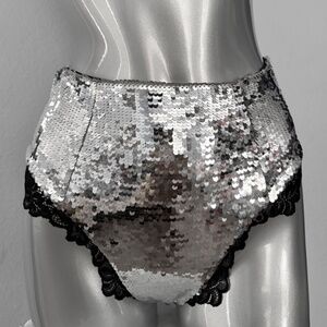 For Love & Lemons Panty Maia High Waist Silver Sequin w/ Black Lace Trim Nwt